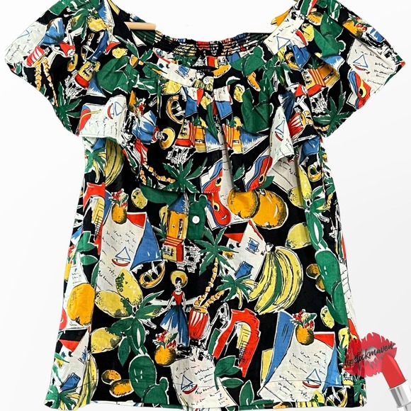 J.CREW Tops - J.‎ Crew Postcard Top Size 4 Colorful Tropical Ruffle Blouse Vacation Boho G5681